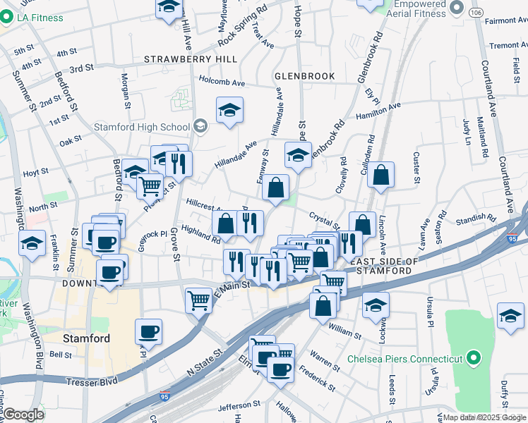 map of restaurants, bars, coffee shops, grocery stores, and more near 77 Glenbrook Road in Stamford
