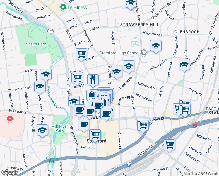 map of restaurants, bars, coffee shops, grocery stores, and more near 289 Bedford Street in Stamford