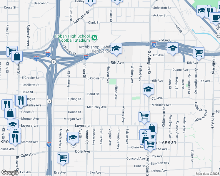 map of restaurants, bars, coffee shops, grocery stores, and more near 895 Baird Street in Akron
