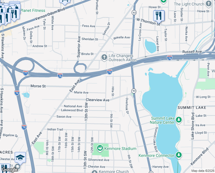 map of restaurants, bars, coffee shops, grocery stores, and more near 1484 Hite Street in Akron