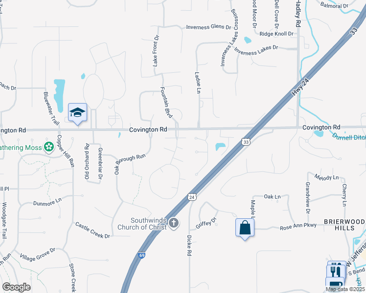 map of restaurants, bars, coffee shops, grocery stores, and more near 2823 Ridge Valley Drive in Fort Wayne