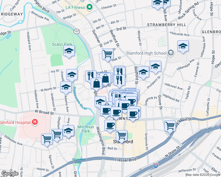 map of restaurants, bars, coffee shops, grocery stores, and more near 76 Franklin Street in Stamford