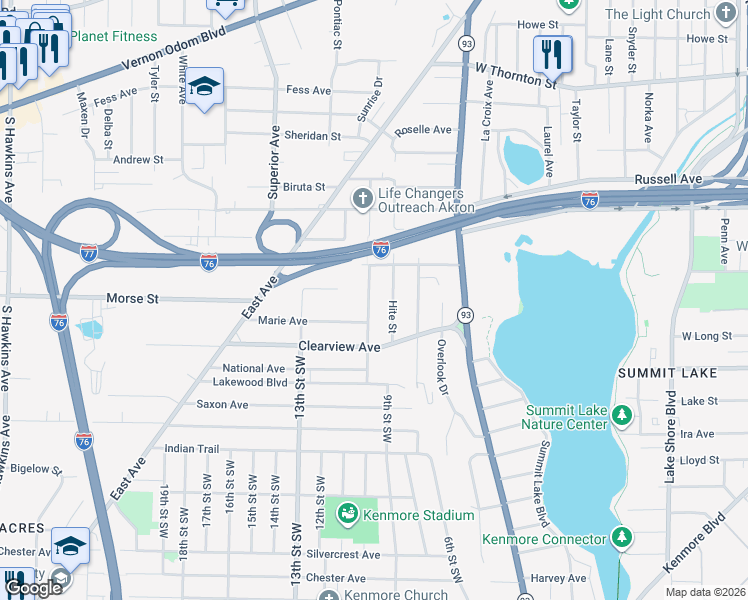 map of restaurants, bars, coffee shops, grocery stores, and more near 1484 Hite Street in Akron