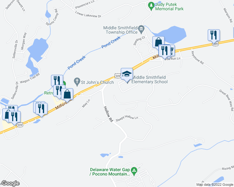 map of restaurants, bars, coffee shops, grocery stores, and more near 158 Milestone Drive in East Stroudsburg