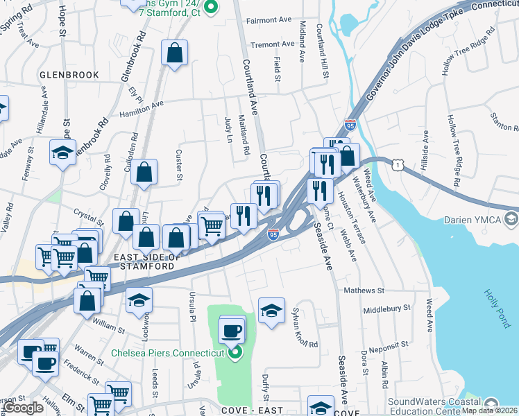 map of restaurants, bars, coffee shops, grocery stores, and more near 1106 East Main Street in Stamford