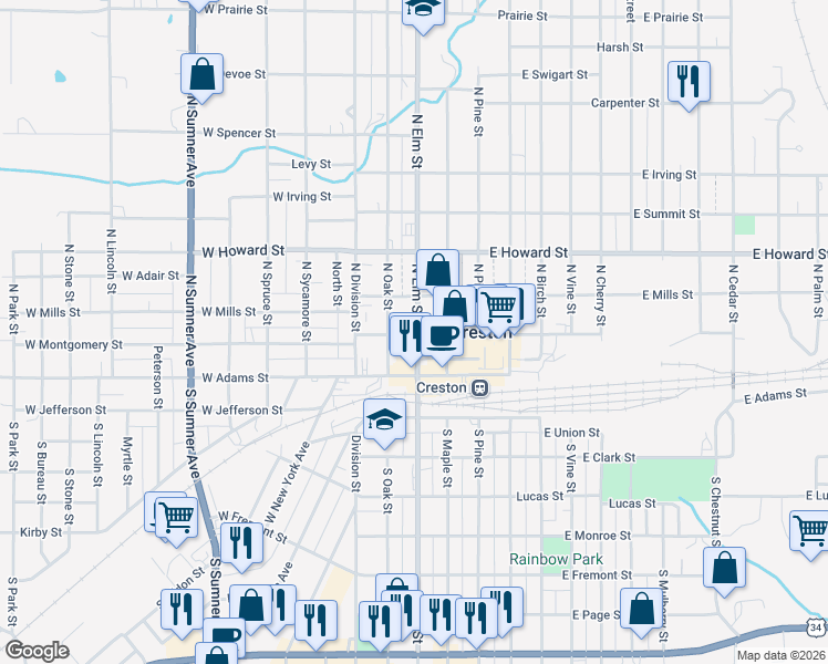 map of restaurants, bars, coffee shops, grocery stores, and more near 109 North Elm Street in Creston