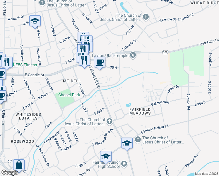 map of restaurants, bars, coffee shops, grocery stores, and more near 175 Indian Springs Drive in Layton