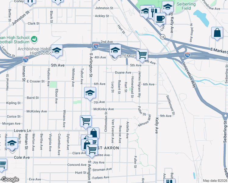 map of restaurants, bars, coffee shops, grocery stores, and more near 517 Lucy Street in Akron