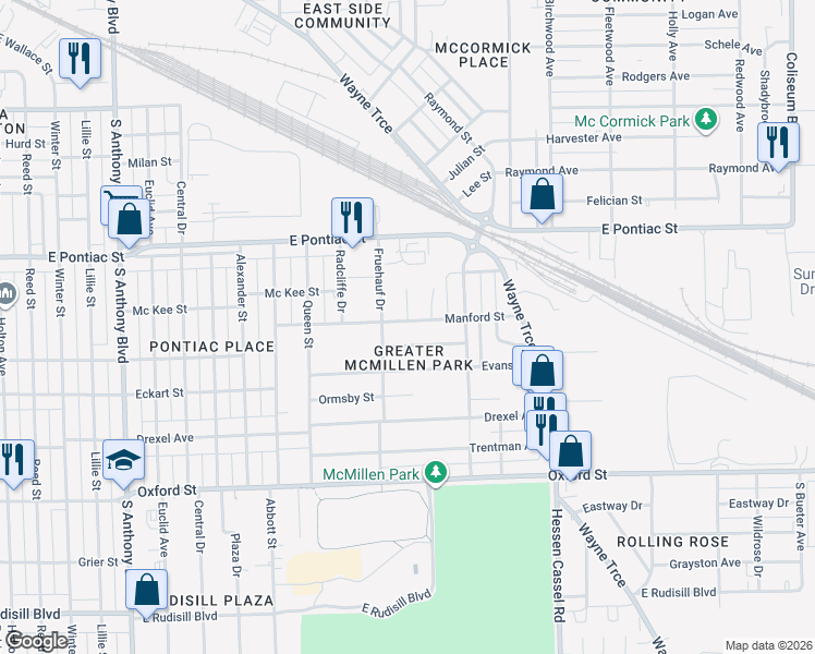 map of restaurants, bars, coffee shops, grocery stores, and more near 2710 Manford Street in Fort Wayne