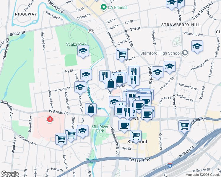 map of restaurants, bars, coffee shops, grocery stores, and more near 1401 Washington Boulevard in Stamford