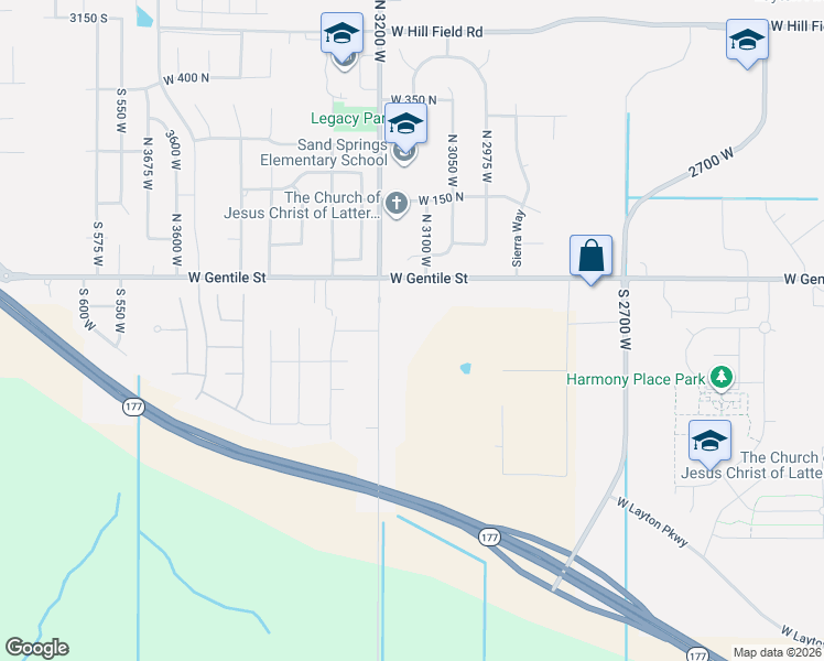 map of restaurants, bars, coffee shops, grocery stores, and more near 108 South Freedom Farms Drive in Layton