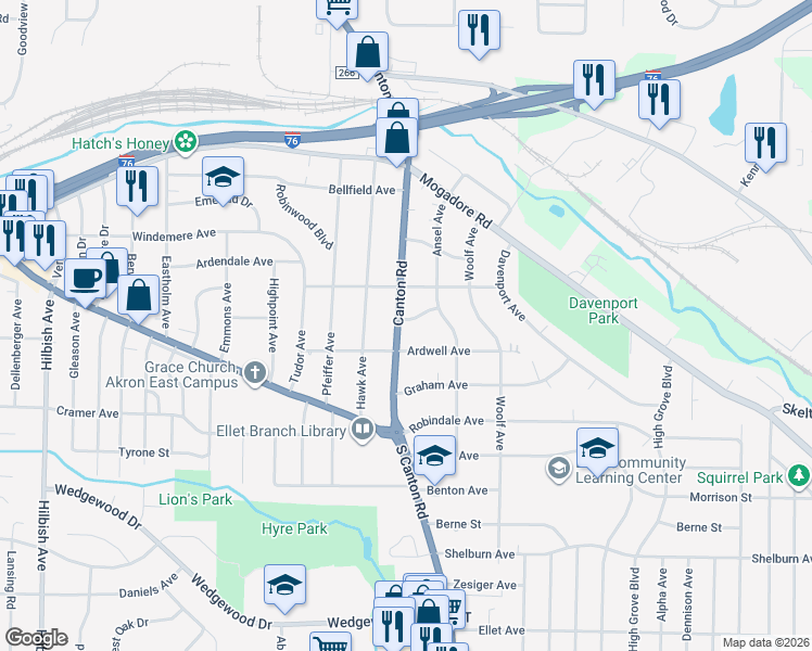 map of restaurants, bars, coffee shops, grocery stores, and more near 195 Canton Road in Akron