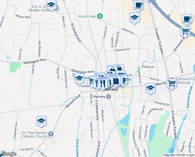 map of restaurants, bars, coffee shops, grocery stores, and more near 44 North Central Avenue in Ramsey