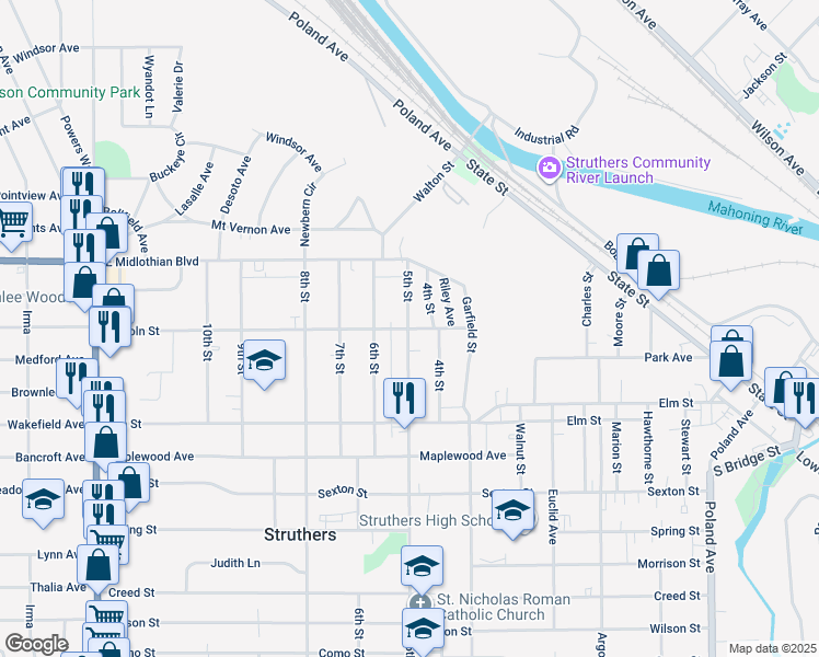 map of restaurants, bars, coffee shops, grocery stores, and more near 320 Lincoln Street in Struthers