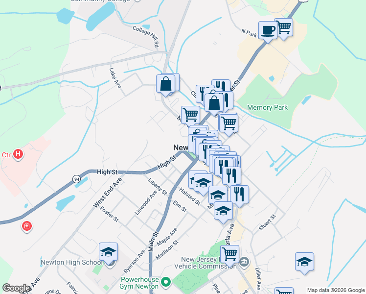 map of restaurants, bars, coffee shops, grocery stores, and more near 17 High Street in Newton