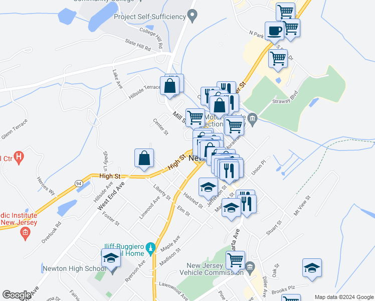 map of restaurants, bars, coffee shops, grocery stores, and more near 17 High Street in Newton