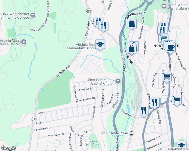 map of restaurants, bars, coffee shops, grocery stores, and more near 69 Maryton Road in White Plains