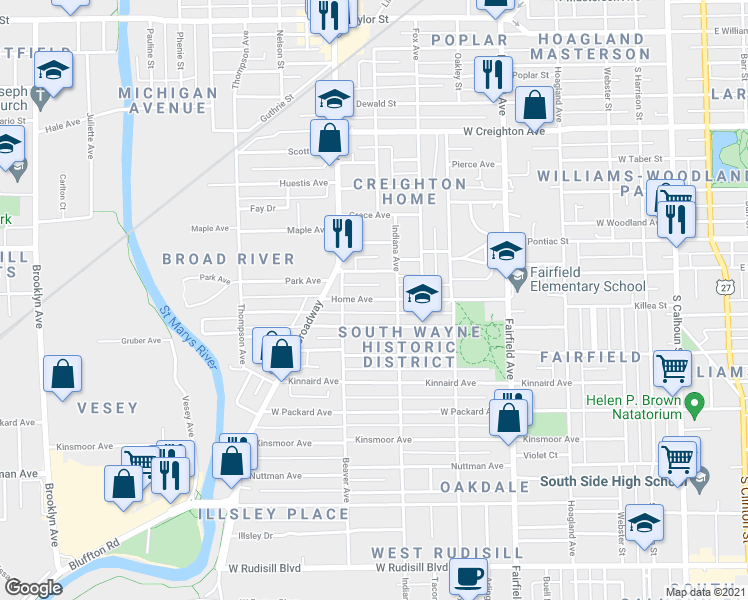 map of restaurants, bars, coffee shops, grocery stores, and more near 931 Home Avenue in Fort Wayne