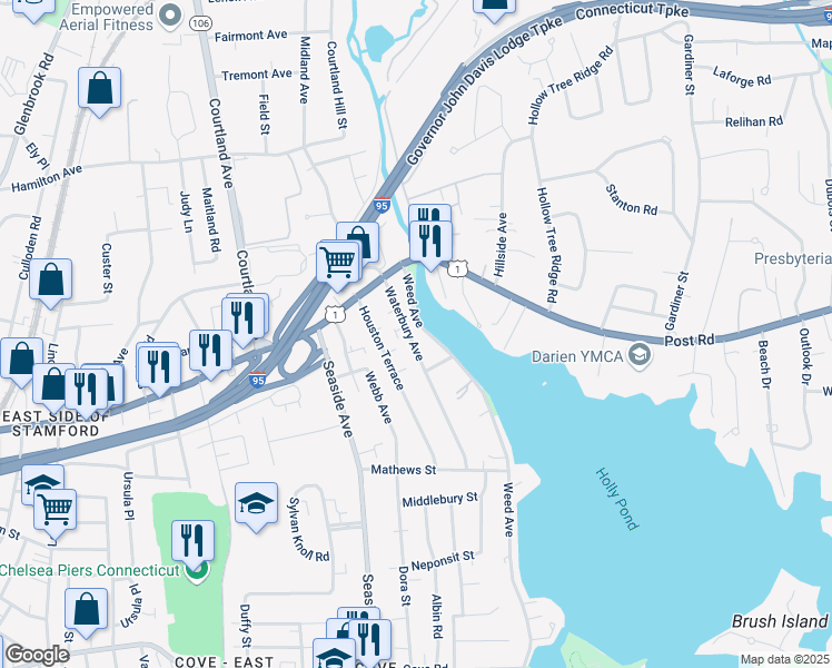 map of restaurants, bars, coffee shops, grocery stores, and more near 71 Waterbury Avenue in Stamford