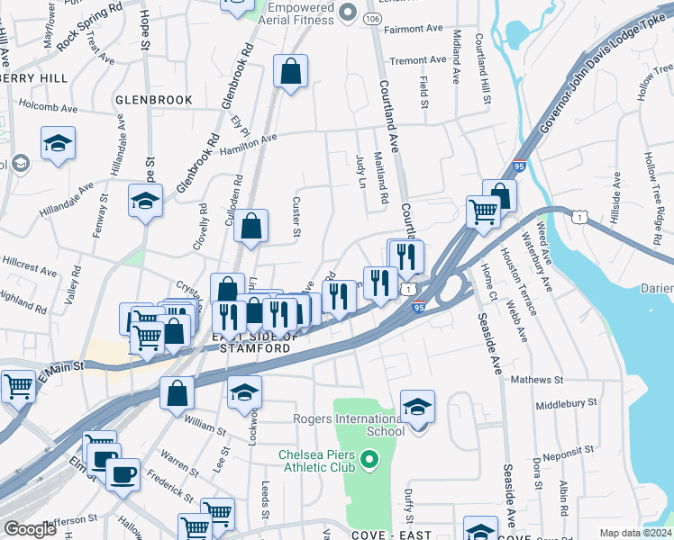 map of restaurants, bars, coffee shops, grocery stores, and more near 73 Seaton Road in Stamford