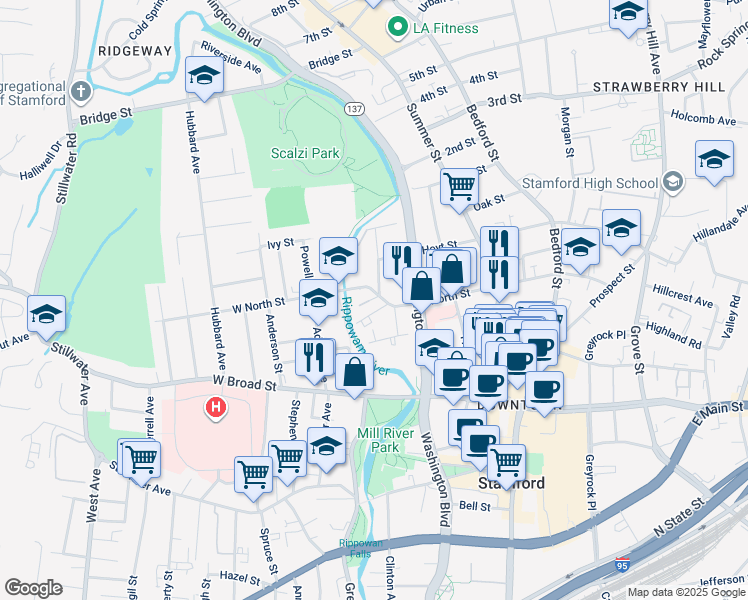 map of restaurants, bars, coffee shops, grocery stores, and more near 35 Vernon Place in Stamford