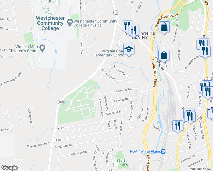 map of restaurants, bars, coffee shops, grocery stores, and more near 102 Maryton Road in White Plains