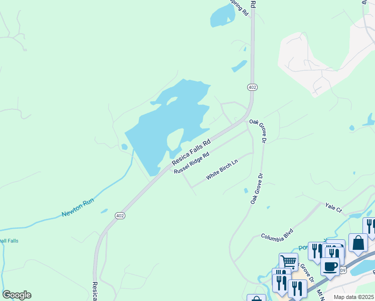 map of restaurants, bars, coffee shops, grocery stores, and more near 521 Resica Falls Road in East Stroudsburg