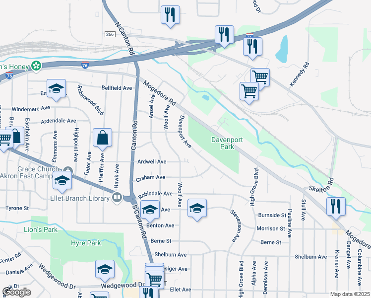 map of restaurants, bars, coffee shops, grocery stores, and more near 2599 Ardwell Avenue in Akron
