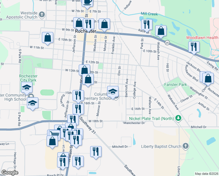 map of restaurants, bars, coffee shops, grocery stores, and more near 1415 Franklin Avenue in Rochester