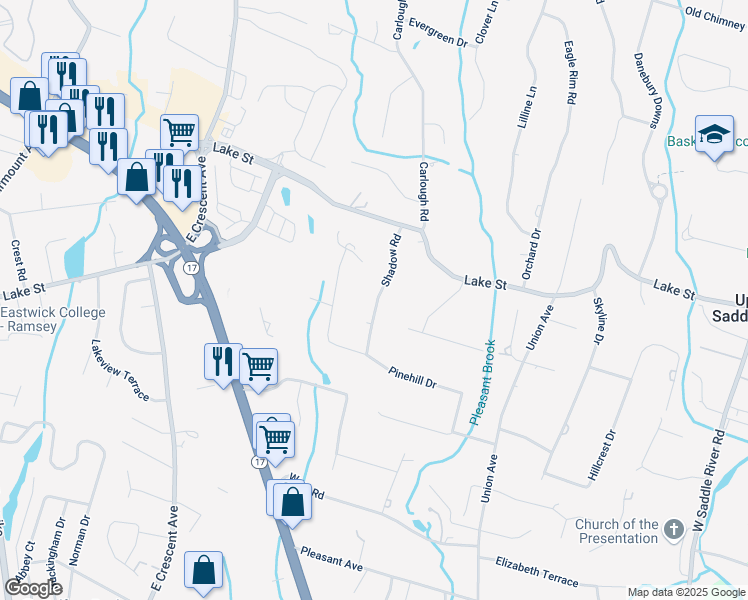 map of restaurants, bars, coffee shops, grocery stores, and more near 7 Shadow Road in Upper Saddle River