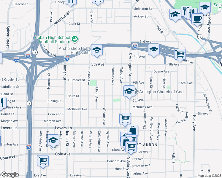 map of restaurants, bars, coffee shops, grocery stores, and more near 496 Whitney Avenue in Akron