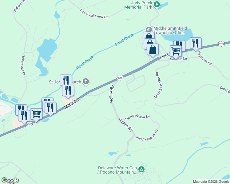 map of restaurants, bars, coffee shops, grocery stores, and more near 101 Hollow Road in East Stroudsburg