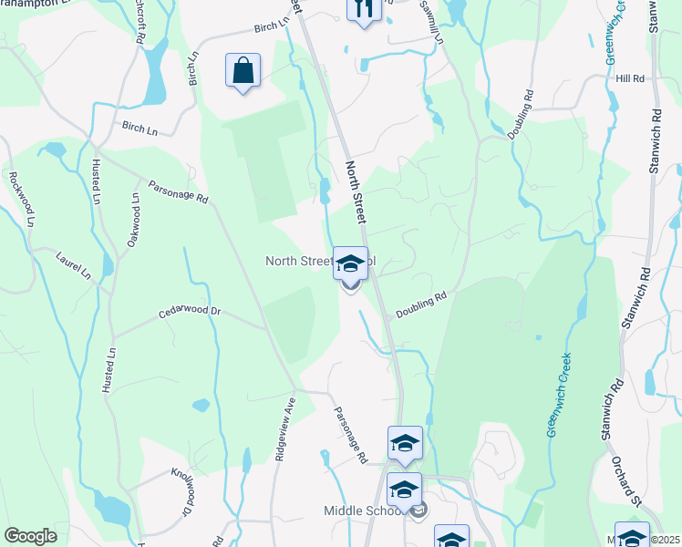 map of restaurants, bars, coffee shops, grocery stores, and more near 381 North Street in Greenwich