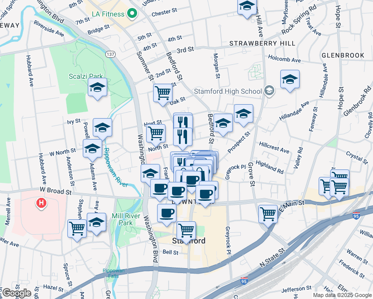 map of restaurants, bars, coffee shops, grocery stores, and more near 777 Summer Street in Stamford