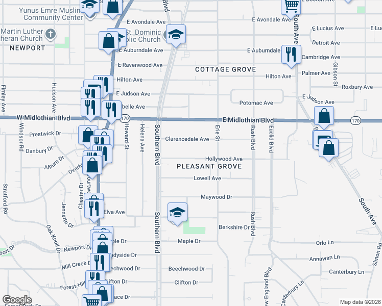 map of restaurants, bars, coffee shops, grocery stores, and more near 153 Hollywood Avenue in Youngstown