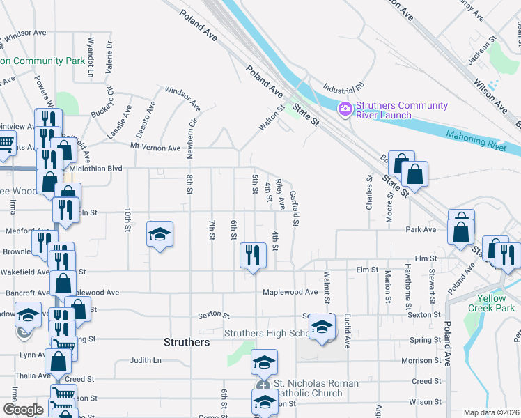 map of restaurants, bars, coffee shops, grocery stores, and more near 495 5th Street in Struthers