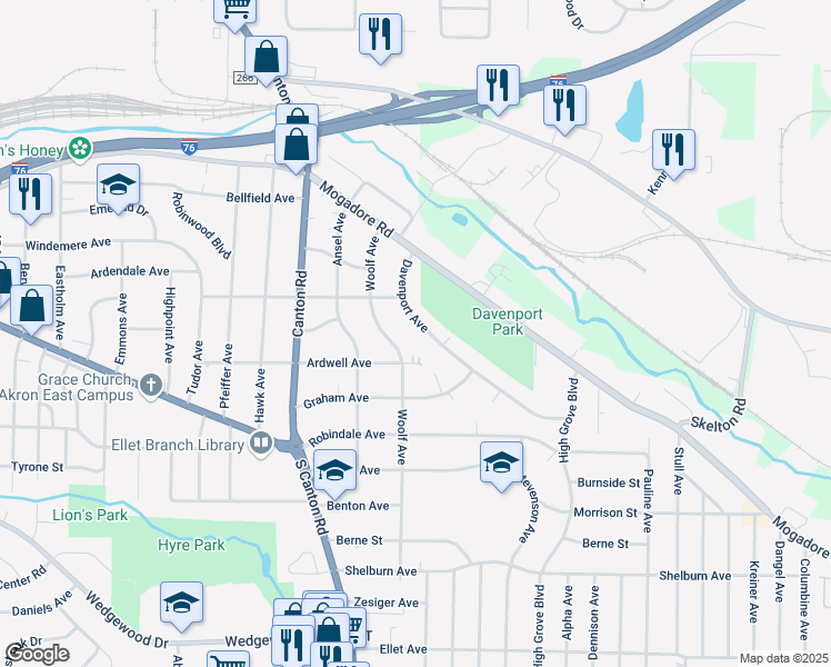 map of restaurants, bars, coffee shops, grocery stores, and more near 2599 Ardwell Avenue in Akron