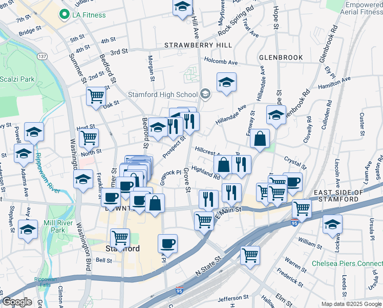 map of restaurants, bars, coffee shops, grocery stores, and more near 141 Grove Street in Stamford