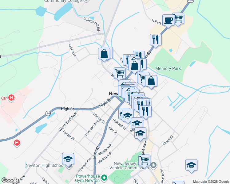 map of restaurants, bars, coffee shops, grocery stores, and more near 11 High Street in Newton