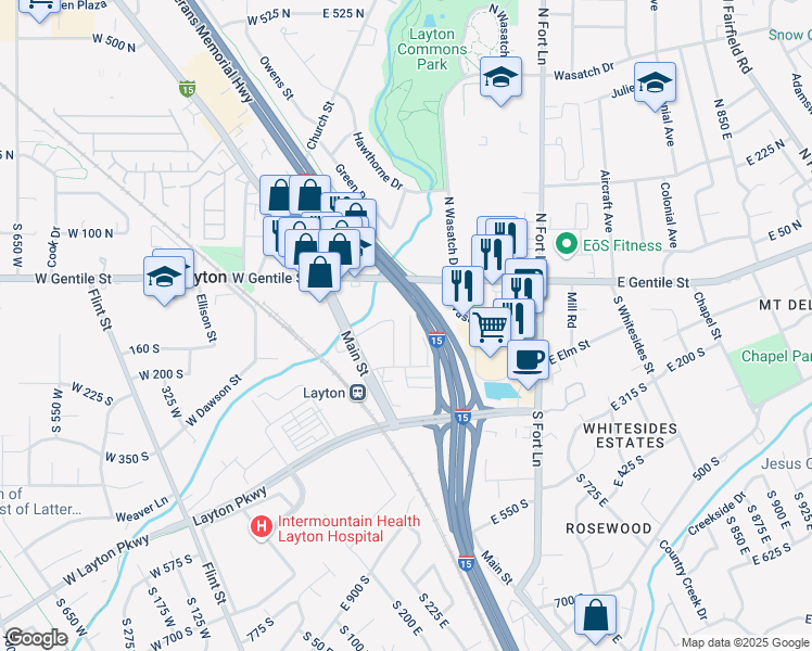 map of restaurants, bars, coffee shops, grocery stores, and more near 189 South Main Street in Layton
