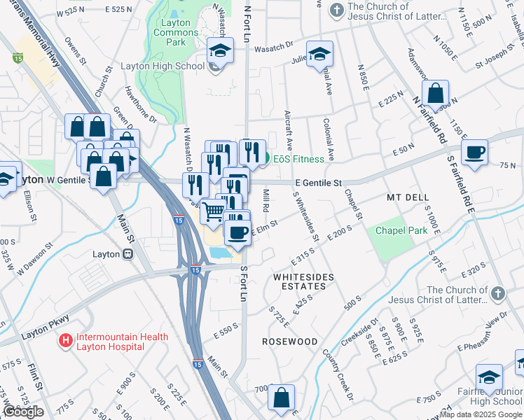 map of restaurants, bars, coffee shops, grocery stores, and more near 86 Mill Road in Layton