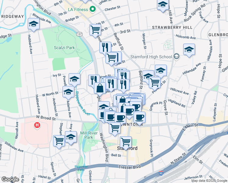 map of restaurants, bars, coffee shops, grocery stores, and more near 141 Franklin Street in Stamford