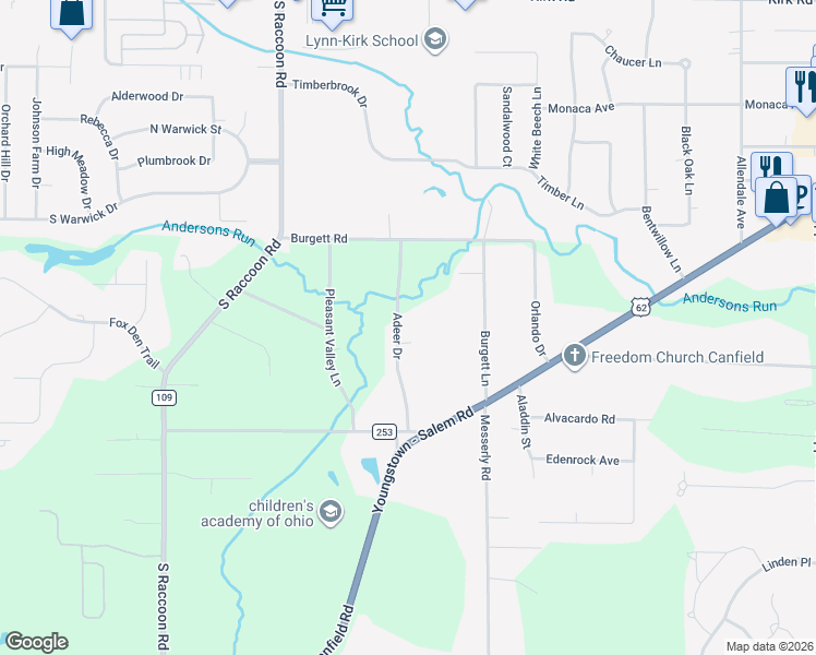 map of restaurants, bars, coffee shops, grocery stores, and more near 4163 Adeer Drive in Canfield