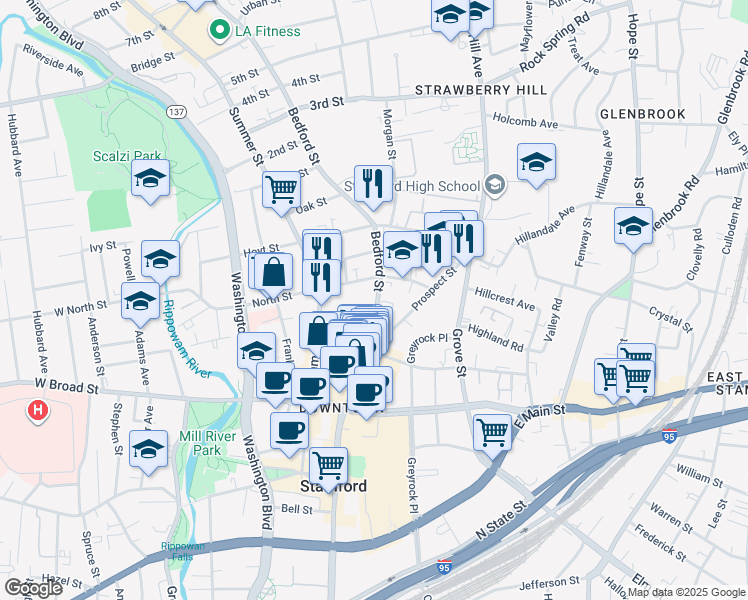 map of restaurants, bars, coffee shops, grocery stores, and more near 500 Bedford Street in Stamford