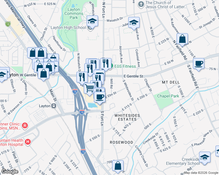 map of restaurants, bars, coffee shops, grocery stores, and more near 41 South Fort Lane in Layton