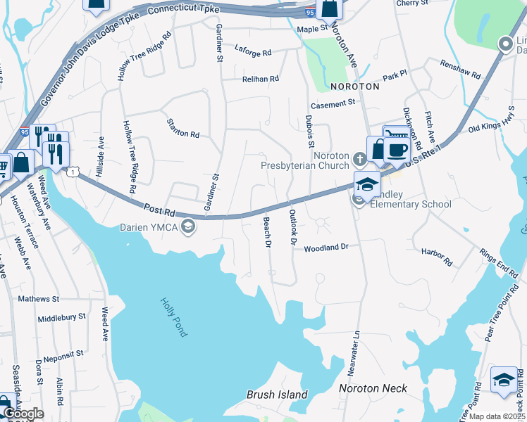 map of restaurants, bars, coffee shops, grocery stores, and more near 20 Bishops Gate Road in Darien