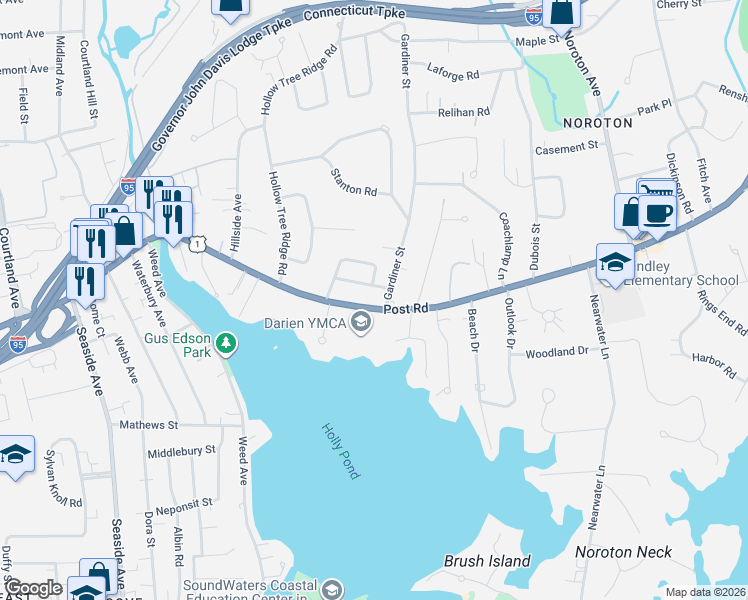 map of restaurants, bars, coffee shops, grocery stores, and more near 1 By Road in Darien