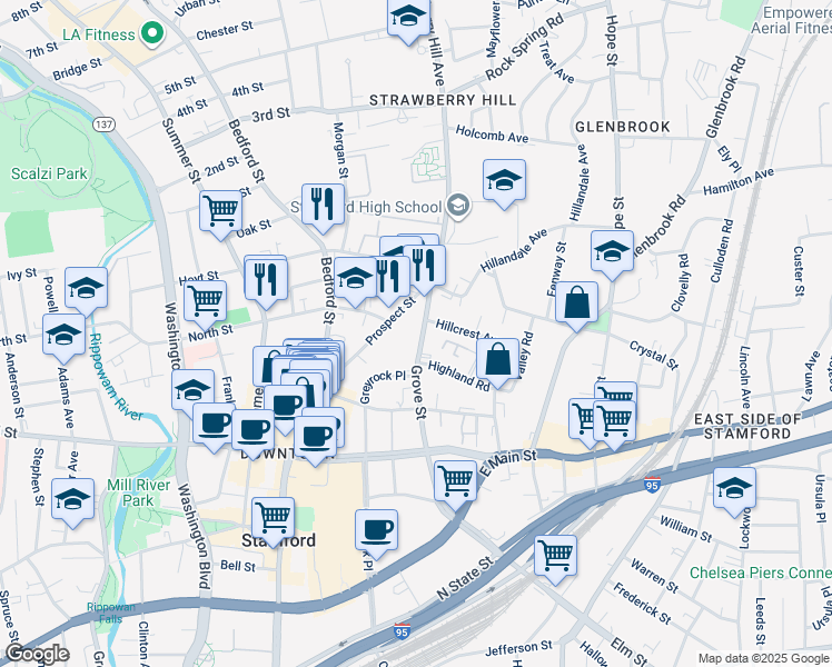 map of restaurants, bars, coffee shops, grocery stores, and more near 123 Prospect Street in Stamford
