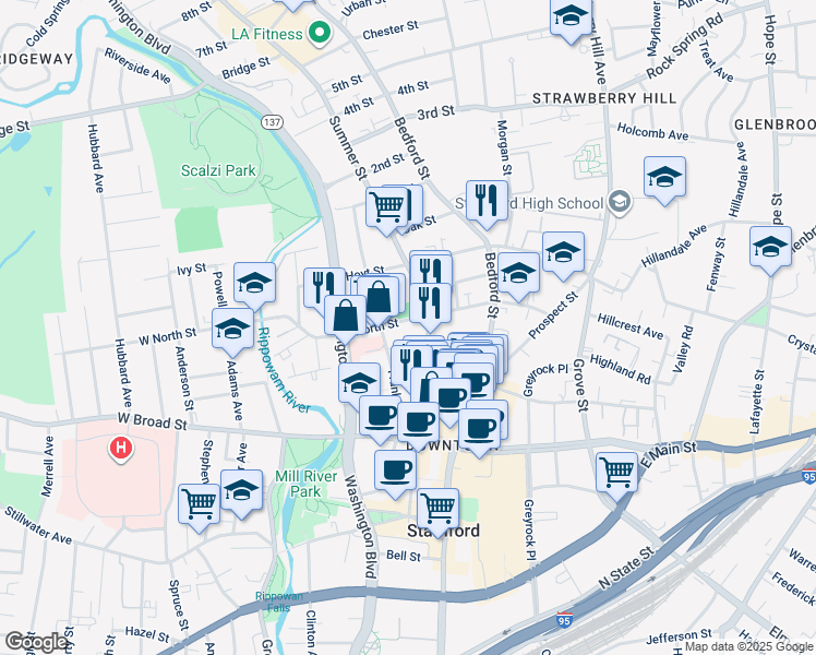 map of restaurants, bars, coffee shops, grocery stores, and more near in Stamford