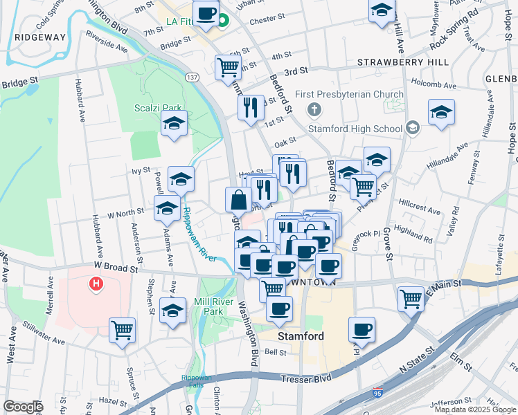 map of restaurants, bars, coffee shops, grocery stores, and more near 141 Franklin Street in Stamford